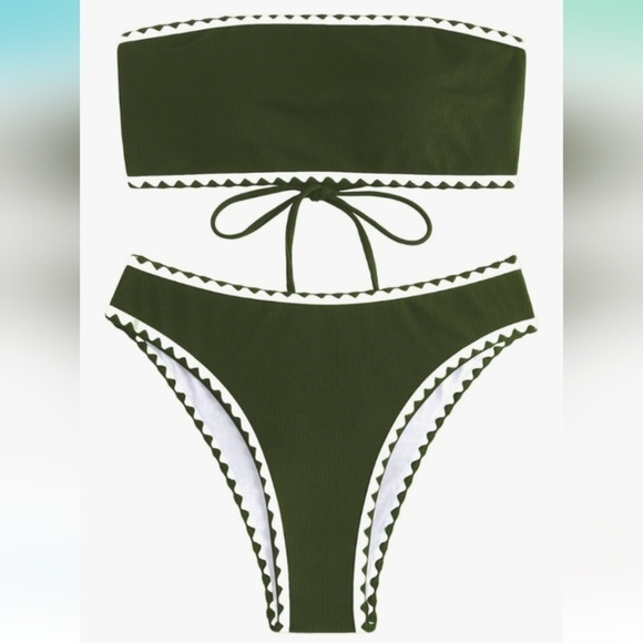 🆕 Medium Strapless Bandeau Bikini Set Green Textured Lace-Up NWOT - Picture 2 of 5